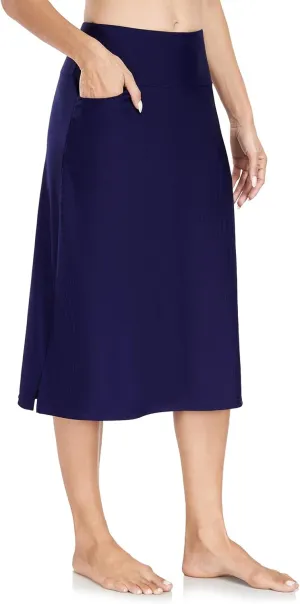 WOWENY Women's Midi Length Long Swim Skirts with Legging Modest High Waisted Tankini Skirt Bottom with Zipper Pockets
