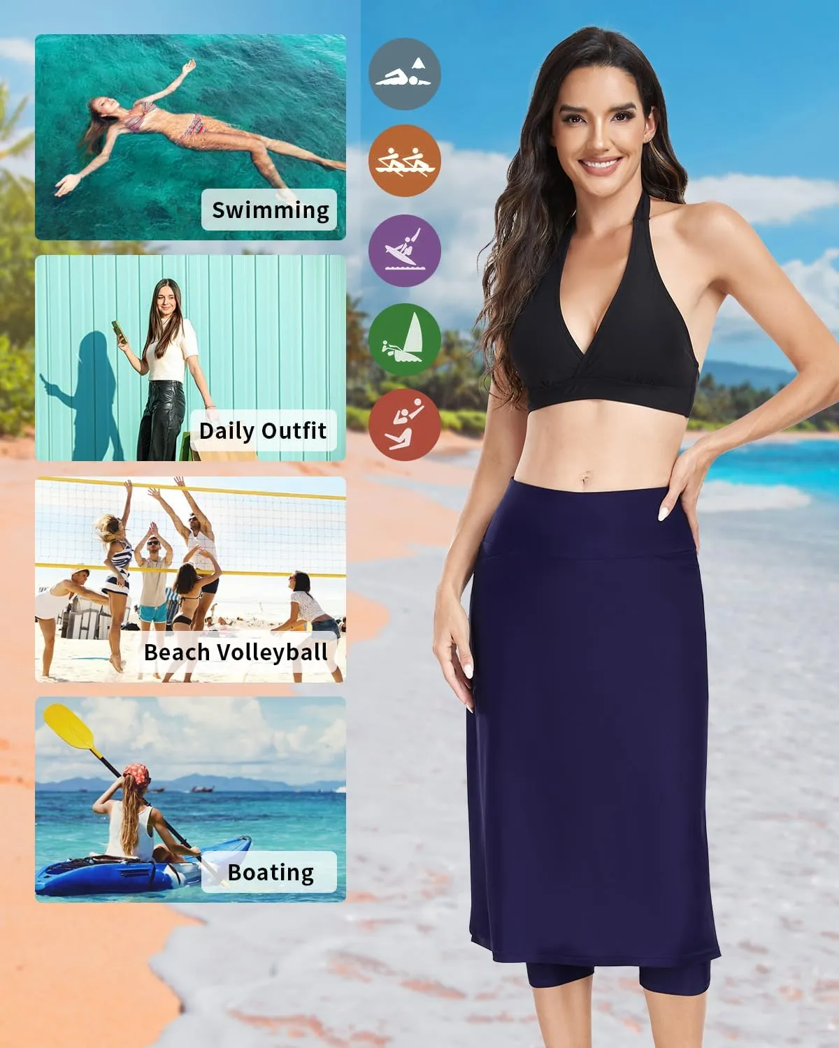 WOWENY Women's Midi Length Long Swim Skirts with Legging Modest High Waisted Tankini Skirt Bottom with Zipper Pockets