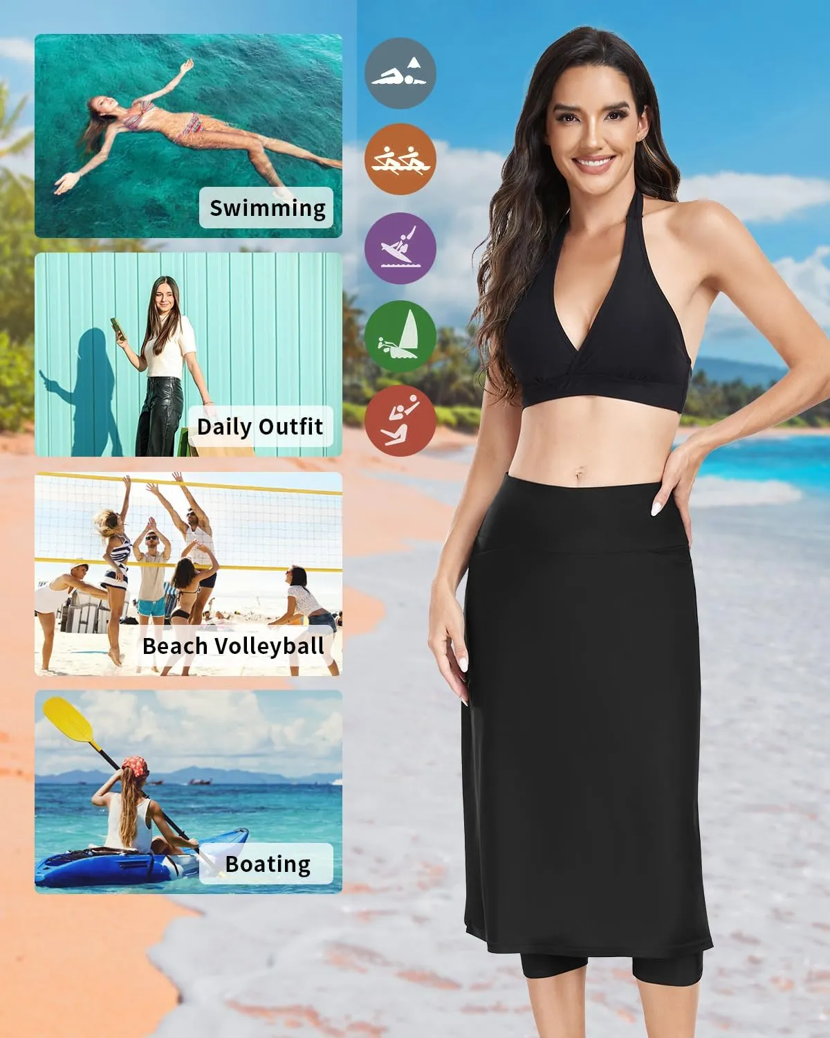 WOWENY Women's Midi Length Long Swim Skirts with Legging Modest High Waisted Tankini Skirt Bottom with Zipper Pockets