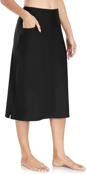 WOWENY Women's Midi Length Long Swim Skirts with Legging Modest High Waisted Tankini Skirt Bottom with Zipper Pockets