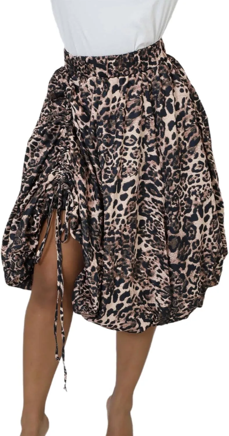 Wuitrie Women Long Skirt Camouflage Leopard High Waist Pleated Drawstring Puffy Midi Skirt Casual Outfits for Women