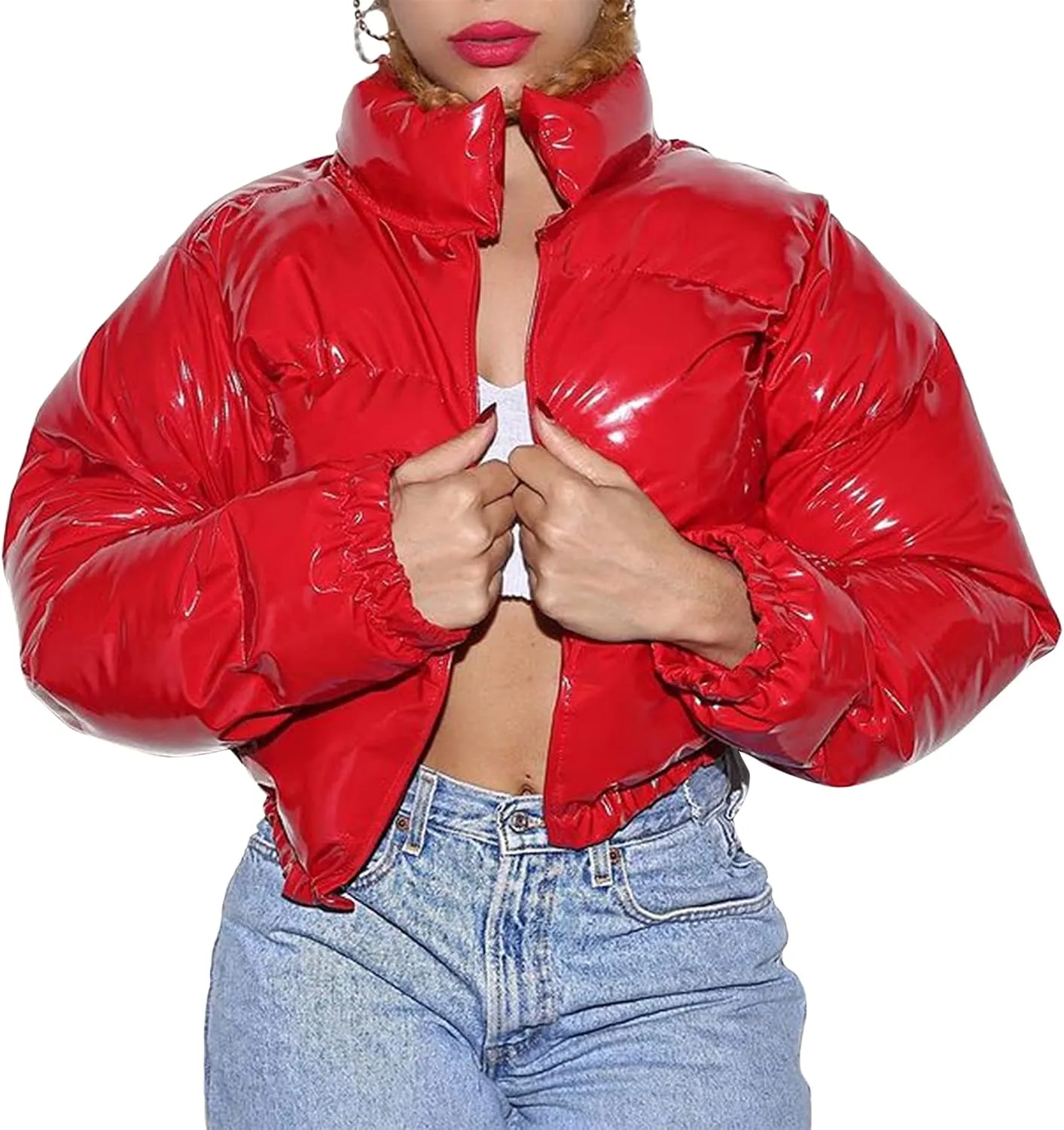 XBTCLXEBCO Women's Short Puffer Jacket Winter Long Sleeve Full Zipper Quilted Down Coat Stand Collar Crop Padded Jacket