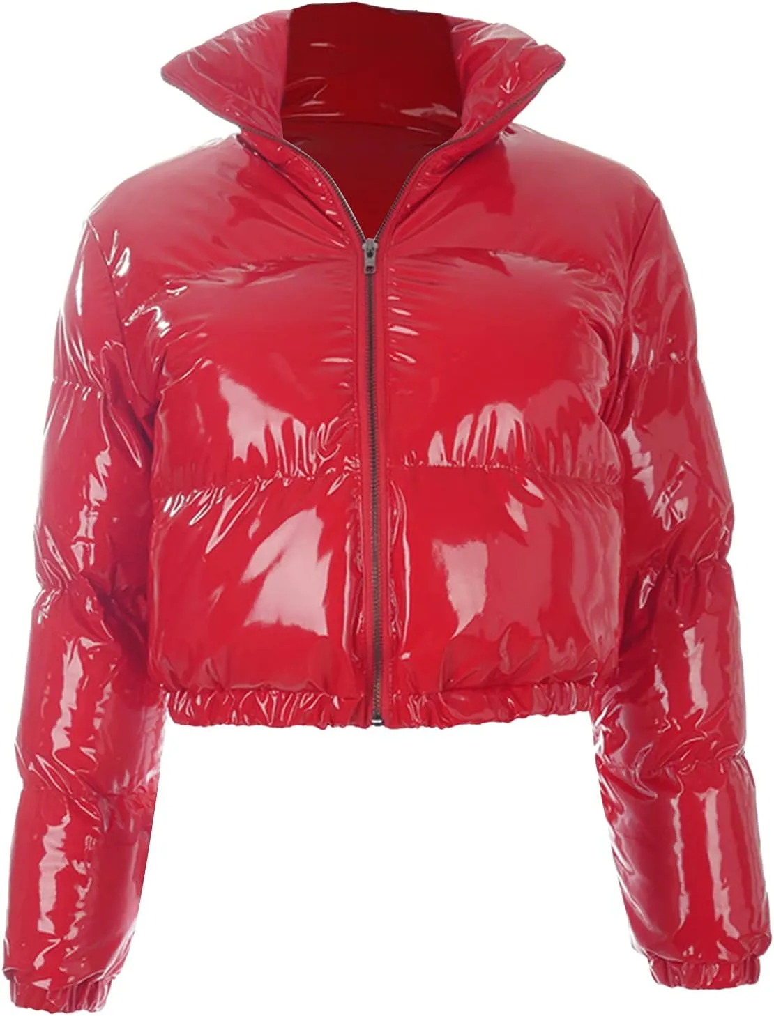 XBTCLXEBCO Women's Short Puffer Jacket Winter Long Sleeve Full Zipper Quilted Down Coat Stand Collar Crop Padded Jacket