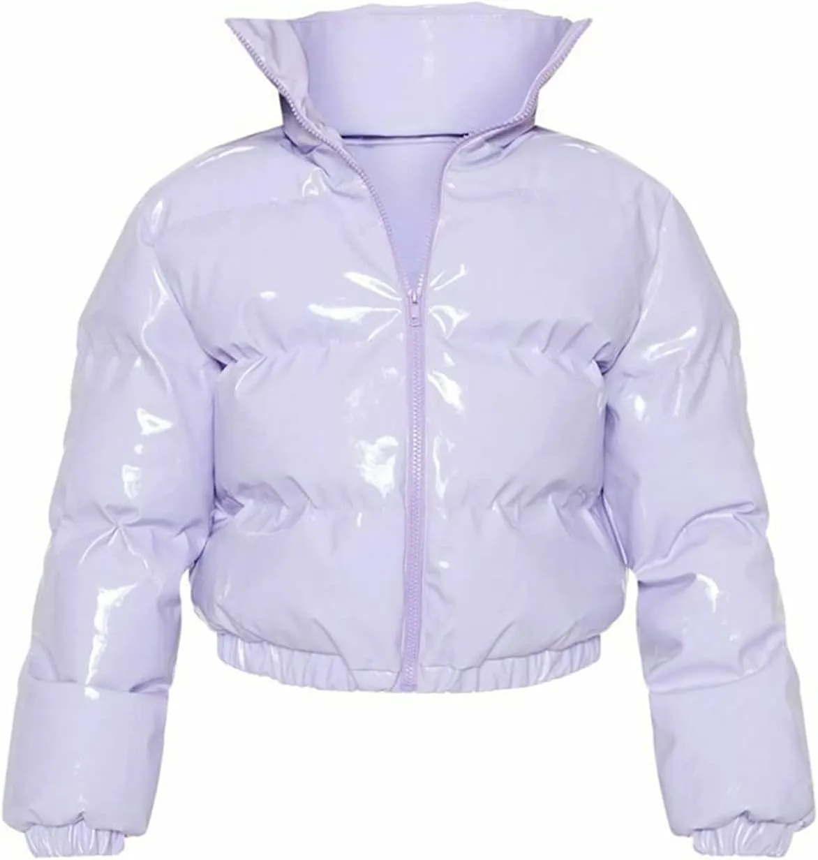 XBTCLXEBCO Women's Short Puffer Jacket Winter Long Sleeve Full Zipper Quilted Down Coat Stand Collar Crop Padded Jacket