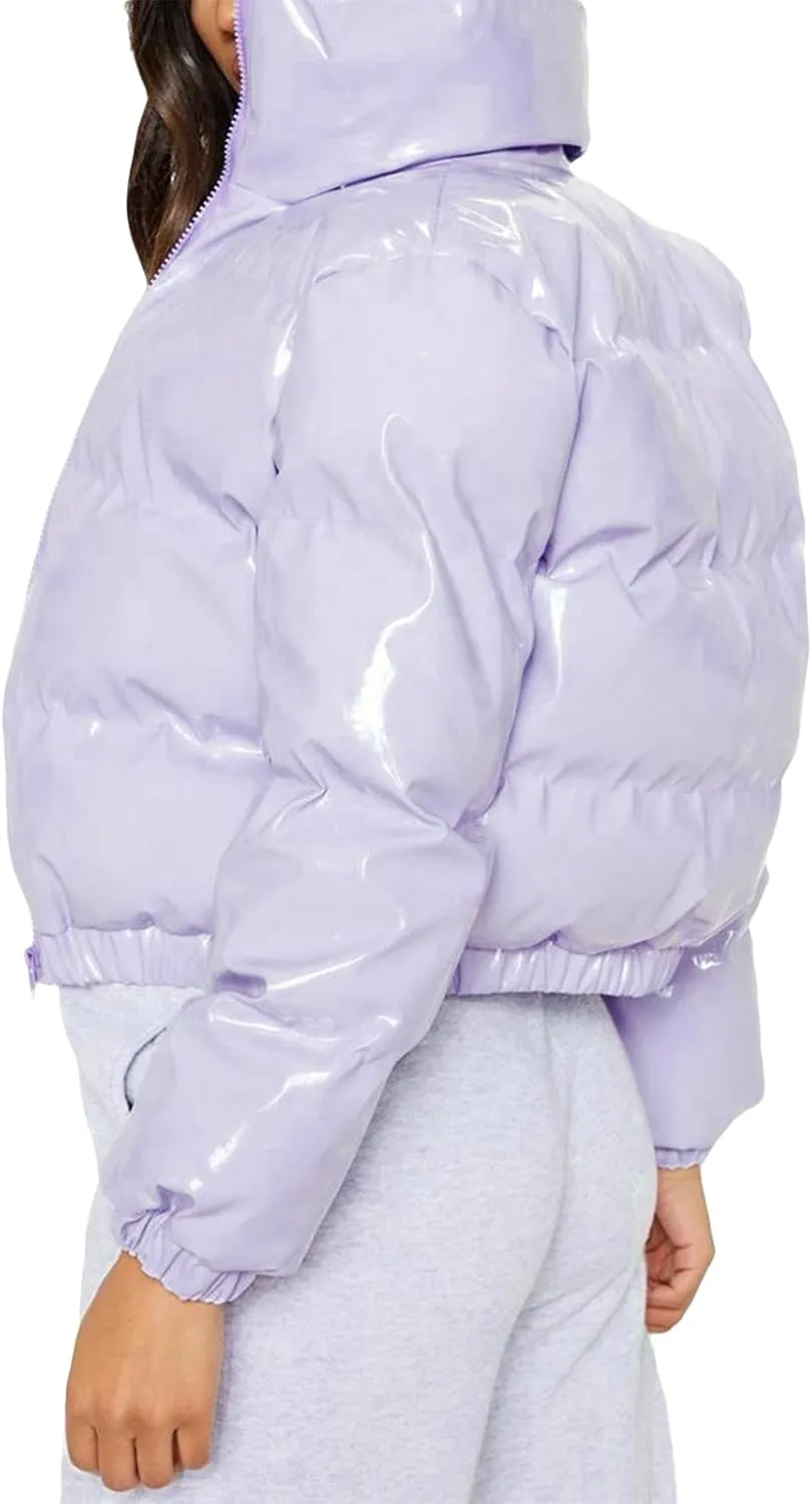 XBTCLXEBCO Women's Short Puffer Jacket Winter Long Sleeve Full Zipper Quilted Down Coat Stand Collar Crop Padded Jacket