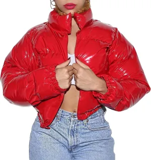 XBTCLXEBCO Women's Short Puffer Jacket Winter Long Sleeve Full Zipper Quilted Down Coat Stand Collar Crop Padded Jacket
