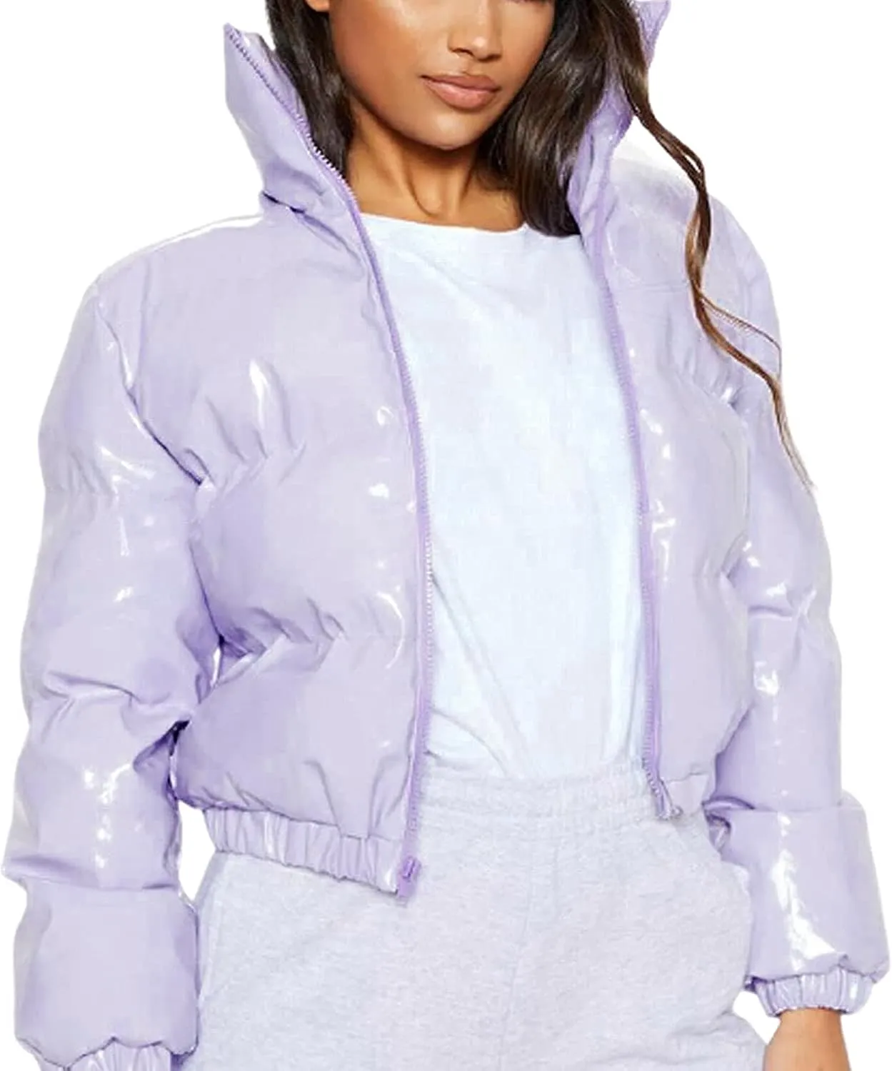 XBTCLXEBCO Women's Short Puffer Jacket Winter Long Sleeve Full Zipper Quilted Down Coat Stand Collar Crop Padded Jacket
