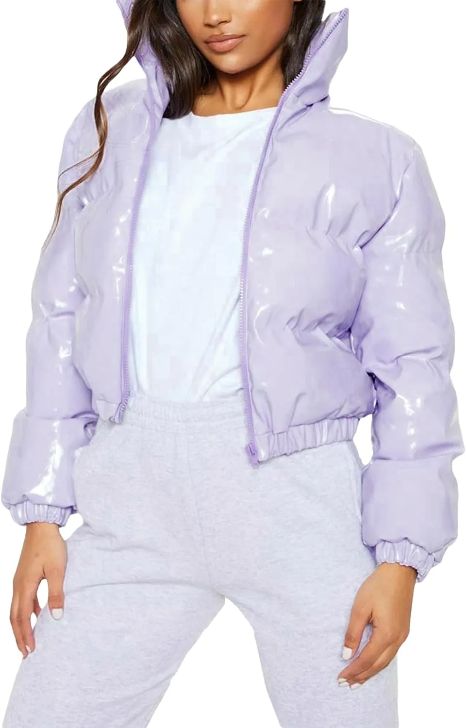 XBTCLXEBCO Women's Short Puffer Jacket Winter Long Sleeve Full Zipper Quilted Down Coat Stand Collar Crop Padded Jacket