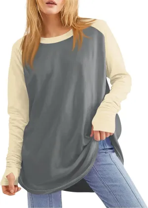 ZDRZK Oversized Sweatshirt For Women Color Block Long Sleeve Thumb Hole Pullover Tops Crewneck Casual Lightweight Shirts