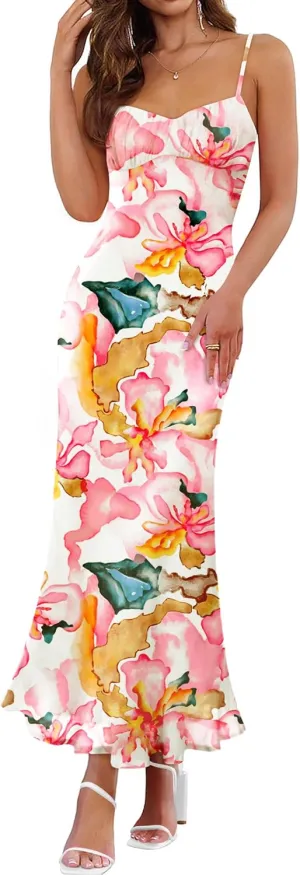 ZESICA Womens Summer Floral Spaghetti Straps Maxi Dress 2025 Sleeveless Square Neck Bodycon Beach Boho Long Dresses